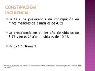 La tasa de prevalencia de constipación en niños menores de 2 años es de 4.5%. La prevalencia en el 1er año de vida es de 2.9% y en el 2º año de vida es de 10.1%. Niños 1.1: Niñas 1 Prevalence, symptoms and outcome of constipation in infants and toddlers. Vera Loening-Baucke. J Pediatr 2005; 146:359-63 