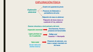 EXPLORACIÓN FÍSICA
Exploración
abdominal
Cicatriz deLaparotomíaprevia
Presencia deDistensióno
peristaltismodelucha
Palpacióndemasaenabdomen
*Palpacióndehecesdurasen
cuadranteInf.Izq. abdomen
Inspección anorrectal
Examenminuciosoanivel perineal ydelrecto
Escoriaciones, fisuras o
presenciadehemorroides
Ligeropinchazoen
los4cuadrantes
Reflejoanal
Ausencia  Neuropatía
Presencia deestenosis, una
masaosangremezclada con
lasheces
T
actorectal
Simulardefecación
(EsfínterExterno)
 