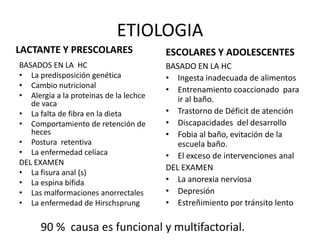ETIOLOGIA
LACTANTE Y PRESCOLARES                  ESCOLARES Y ADOLESCENTES
BASADOS EN LA HC                        BASADO EN LA HC
• La predisposición genética            • Ingesta inadecuada de alimentos
• Cambio nutricional
                                        • Entrenamiento coaccionado para
• Alergia a la proteinas de la lechce      ir al baño.
   de vaca
• La falta de fibra en la dieta         • Trastorno de Déficit de atención
• Comportamiento de retención de        • Discapacidades del desarrollo
   heces                                • Fobia al baño, evitación de la
• Postura retentiva                        escuela baño.
• La enfermedad celíaca                 • El exceso de intervenciones anal
DEL EXAMEN
                                        DEL EXAMEN
• La fisura anal (s)
• La espina bífida                      • La anorexia nerviosa
• Las malformaciones anorrectales       • Depresión
• La enfermedad de Hirschsprung         • Estreñimiento por tránsito lento

      90 % causa es funcional y multifactorial.
 