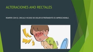 ALTERACIONES ANO RECTALES
ROMPER CON EL CIRCULO VICIOSO DE DOLOR ESTREÑIMIENTO ES IMPRESCINDIBLE.
 