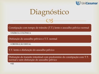 
Constipação com tempo de trânsito (T.T.) lento e assoalho pélvico normal
•INÉRCIA COLÔNICA
Disfunção do assoalho pélvico e T.T. normal
•OBSTRUÇÃO DISTAL
T.T. lento e disfunção do assoalho pélvico
Disfunção do transito intestinal com predomínio de constipação com T.T.
normal e sem disfunção do assoalho pélvico
•SII
Diagnóstico
 