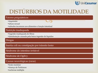 
Fatores psiquiátricos
•depressão
•abuso sexual
•atitudes incomuns aos alimentos e função intestinal
Nutrição inadequada
•ingestão inadequada de fibras
•desidratação causada pela baixa ingestão de líquidos
Drogas
Inertia coli ou constipação por trânsito lento
Síndrome do intestino irritável
Síndrome de Ogilvy
Causas neurológicas (raras)
•lesão medular
•doença de Parkinson
•esclerose múltipla
DISTÚRBIOS DA MOTILIDADE
 