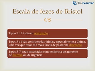 
Tipos 1 e 2 indicam obstipação.
Tipos 3 e 4 são consideradas ótimas, especialmente a última,
uma vez que estas são mais fáceis de passar na defecação.
Tipos 5–7 estão associados com tendência de aumento
de diarreia ou de urgência
Escala de fezes de Bristol
 