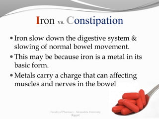 Iron vs. Constipation
 Iron slow down the digestive system &
slowing of normal bowel movement.
 This may be because iron is a metal in its
basic form.
 Metals carry a charge that can affecting
muscles and nerves in the bowel
Faculty of Pharmacy - Alexandria University
(Egypt)
 