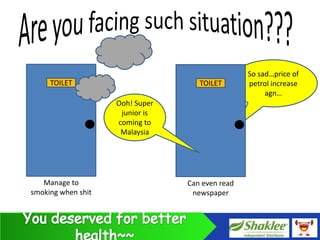 So sad…price of
     TOILET                         TOILET       petrol increase
                                                      agn…
                    Ooh! Super
                     junior is
                    coming to
                     Malaysia




   Manage to                     Can even read
smoking when shit                 newspaper
 