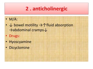 2 . anticholinergic
• M/A:
• ↓ bowel motility →↑fluid absorption
→abdominal cramps↓
• Drugs:
• Hyoscyamine
• Dicyclomine
 