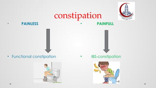 constipation
• PAINFULL
• IBS-constipation
• PAINLESS
• Functional constipation
 