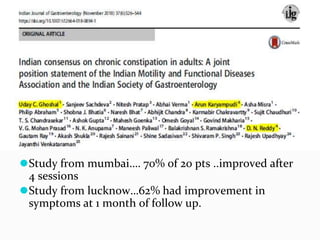 Indian experience ….
⚫Study from mumbai…. 70% of 20 pts ..improved after
4 sessions
⚫Study from lucknow…62% had improvement in
symptoms at 1 month of follow up.
 