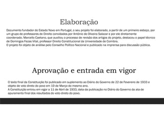 Elaboração
Documento fundador do Estado Novo em Portugal, o seu projeto foi elaborado, a partir de um primeiro esboço, por
um grupo de professores de Direito convidados por António de Oliveira Salazar e por ele diretamente
coordenado. Marcello Caetano, que auxiliou o processo de revisão dos artigos do projeto, destacou o papel técnico
de Domingos Fezas Vital, professor Direito Constitucional da Universidade de Coimbra.
O projeto foi objeto de análise pelo Conselho Político Nacional e publicado na imprensa para discussão pública.
Aprovação e entrada em vigor
O texto final da Constituição foi publicado em suplemento ao Diário do Governo de 22 de Fevereiro de 1933 e
objeto de voto direto do povo em 19 de Março do mesmo ano.
A Constituição entrou em vigor a 11 de Abril de 1933, data da publicação no Diário do Governo da ata de
apuramento final dos resultados do voto direto do povo.
 