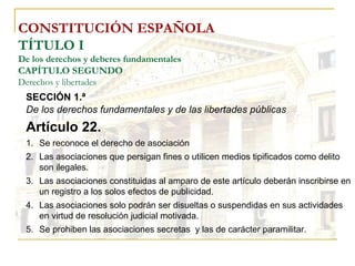 CONSTITUCIÓN ESPAÑOLA TÍTULO I De los derechos y deberes fundamentales CAPÍTULO SEGUNDO Derechos y libertades SECCIÓN 1.ª   De los derechos fundamentales y de las libertades públicas Artículo 22. Se reconoce el derecho de asociación Las asociaciones que persigan fines o utilicen medios tipificados como delito son ilegales. Las asociaciones constituidas al amparo de este artículo deberán inscribirse en un registro a los solos efectos de publicidad. Las asociaciones solo podrán ser disueltas o suspendidas en sus actividades en virtud de resolución judicial motivada. Se prohiben las asociaciones secretas  y las de carácter paramilitar. 