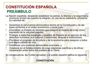 CONSTITUCIÓN ESPAÑOLA   PREÁMBULO La Nación española, deseando establecer la justicia, la libertad y la seguridad y promover el bien de cuantos la integran, en uso de su soberanía, proclama su voluntad de: Garantizar la convivencia democrática dentro de la Constitución y de las leyes conforme a un orden económico y social justo. Consolidar un Estado de Derecho que asegure el imperio de la ley como expresión de la voluntad popular. Proteger a todos los españoles y pueblos de España en el ejercicio de los derechos humanos, sus culturas y tradiciones, lenguas e instituciones. Promover el progreso de la cultura y de la economía para asegurar a todos una digna calidad de vida. Establecer una sociedad democrática avanzada, y Colaborar en el fortalecimiento de unas relaciones pacíficas y de eficaz cooperación entre todos los pueblos de la Tierra. En consecuencia, las Cortes aprueban y el pueblo español ratifica la siguiente CONSTITUCIÓN 
