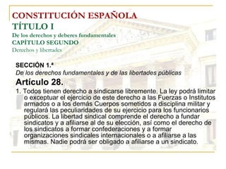 CONSTITUCIÓN ESPAÑOLA TÍTULO I De los derechos y deberes fundamentales CAPÍTULO SEGUNDO Derechos y libertades SECCIÓN 1.ª  De los derechos fundamentales y de las libertades públicas Artículo 28. 1. Todos tienen derecho a sindicarse libremente. La ley podrá limitar o exceptuar el ejercicio de este derecho a las Fuerzas o Institutos armados o a los demás Cuerpos sometidos a disciplina militar y regulará las peculiaridades de su ejercicio para los funcionarios públicos. La libertad sindical comprende el derecho a fundar sindicatos y a afiliarse al de su elección, así como el derecho de los sindicatos a formar confederaciones y a formar organizaciones sindicales internacionales o a afiliarse a las mismas. Nadie podrá ser obligado a afiliarse a un sindicato. 