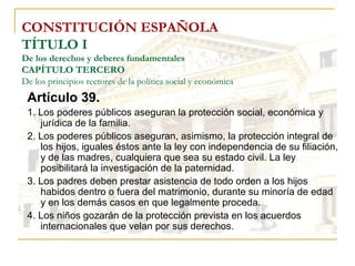 CONSTITUCIÓN ESPAÑOLA TÍTULO I De los derechos y deberes fundamentales CAPÍTULO TERCERO De los principios rectores de la política social y económica Artículo 39. 1. Los poderes públicos aseguran la protección social, económica y jurídica de la familia. 2. Los poderes públicos aseguran, asimismo, la protección integral de los hijos, iguales éstos ante la ley con independencia de su filiación, y de las madres, cualquiera que sea su estado civil. La ley posibilitará la investigación de la paternidad. 3. Los padres deben prestar asistencia de todo orden a los hijos habidos dentro o fuera del matrimonio, durante su minoría de edad y en los demás casos en que legalmente proceda. 4. Los niños gozarán de la protección prevista en los acuerdos internacionales que velan por sus derechos. 