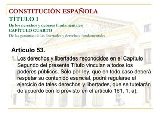 CONSTITUCIÓN ESPAÑOLA TÍTULO I De los derechos y deberes fundamentales CAPÍTULO CUARTO De las garantías de las libertades y derechos fundamentales Artículo 53. 1. Los derechos y libertades reconocidos en el Capítulo Segundo del presente Título vinculan a todos los poderes públicos. Sólo por ley, que en todo caso deberá respetar su contenido esencial, podrá regularse el ejercicio de tales derechos y libertades, que se tutelarán de acuerdo con lo previsto en el artículo 161, 1, a). 