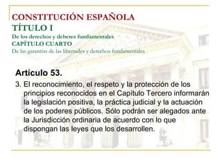 CONSTITUCIÓN ESPAÑOLA TÍTULO I De los derechos y deberes fundamentales CAPÍTULO CUARTO De las garantías de las libertades y derechos fundamentales Artículo 53. 3. El reconocimiento, el respeto y la protección de los principios reconocidos en el Capítulo Tercero informarán la legislación positiva, la práctica judicial y la actuación de los poderes públicos. Sólo podrán ser alegados ante la Jurisdicción ordinaria de acuerdo con lo que dispongan las leyes que los desarrollen. 