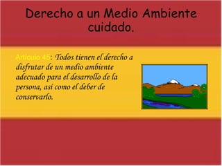 Derecho a un Medio Ambiente cuidado.Artículo 45:Todos tienen el derecho a disfrutar de un medio ambiente adecuado para el desarrollo de la persona, así como el deber de conservarlo. 
