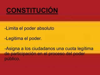 CONSTITUCIÓN-Limita el poder absoluto-Legitima el poder.-Asigna a los ciudadanos una cuota legítimade participación en el proceso del poder público. 
