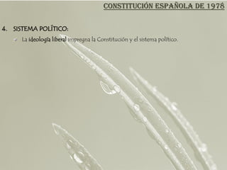 CONSTITUCIÓN ESPAÑOLA DE 1978

4. SISTEMA POLÍTICO:
      La ideología liberal impregna la Constitución y el sistema político.
 