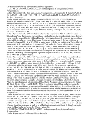 Los distritos senatoriales y representativos serán los siguientes:
I. DISTRITO SENATORIAL DE SAN JUAN estará compuesto de los siguientes Distritos
Representativos:
Distrito Representativo 1.—San Juan Antiguo, y los siguientes sectores censales de Santurce: 9, 10, 11,
12, 13, 14, 15, 16.01, 16.02, 17.01, 17.02, 18, 19, 20.01, 20.02, 21, 22, 23, 25, 26, 27, 28, 29, 30, 31,
41, 42.01, 42.02 y 40.
Distrito Representativo 2.—Los sectores censales 24, 32, 33, 34, 35, 36, 37, 38 y 39 del barrio
Santurce: los sectores censales 43, 65 y 68 del barrio Hato Rey Norte; del sector censal 43, se incluyen
los bloques del 101 al 107, 201 al 206, 218 y 221 al 223; del sector censal 68 se incluyen los bloques
del 101 al 118, 201 al 218, 301 al 319, 401 al 406, 410 al 414, 418 y 420 al 422; los sectores censales
44, 45, 62 y 63 del barrio Hato Rey Central, y los bloques 101, 103, 104, 105 y 106 del sector censal
61.01; los sectores censales 46, 47, 48 y 60 del barrio Oriente, y los bloques 101, 102, 103, 104, 105,
106 y 107 del sector censal 59.
Distrito Representativo 3.—El barrio Sabana Llana Norte; el sector censal 50 de los barrios Oriente y
Sabana Llana Norte (la población correspondiente a ambos barrios fue incluida en cada cual); el sector
censal 56 de los barrios Oriente y Sabana Llana Sur (se incluye solamente la población correspondiente
al barrio Oriente); el sector censal 49 del barrio Oriente; del sector censal 59 del barrio Oriente, se
incluyen los bloques 108, 109 y 201 al 208; el sector censal 58 de los barrios Oriente y Universidad; el
sector censal 90 del barrio Oriente; el sector censal 57 de los barrios Oriente y Universidad; el sector
censal 61.02 de los barrios Universidad y Hato Rey Central; el sector censal 64 del barrio Hato Rey
Central; los bloques 107, 108, 109, 110, 112, 201 y 202 del sector censal 61.01 del barrio Hato Rey
Central; los sectores censales 66 y 87 del barrio Hato Rey Sur; del sector censal 67 de los barrios Hato
Rey Norte y Hato Rey Sur se incluyen los siguientes bloques: 101 al 107, 201 al 203, 205, 207 al 210,
401 al 409 y 415; y el barrio Pueblo.
Distrito Representativo 4.—El barrio Gobernador Piñero; el sector censal 70 de los barrios Hato Rey
Norte y Gobernador Piñero (la parte de este sector censal perteneciente al barrio Hato Rey Norte no
cuenta con población alguna); del sector censal 43 del barrio Hato Rey Norte se incluirán los bloques
221, 220, 225, 226 y 224; el sector censal 68 del barrio Hato Rey Norte (se incluye el bloque 419, el
cual no tiene población); del sector censal 67 del barrio Hato Rey Sur se incluyen los siguientes
bloques: 301, 302, 303, 304, 305, 306, 307, 308, 309, 310; el sector censal 86.01 de los barrios Hato
Rey Sur y El Cinco; el sector censal 86.02 de los barrios Hato Rey Sur, El Cinco y Monacillo Urbano;
el sector censal 86.03 del barrio El Cinco; el sector censal 97 de los barrios Monacillo Urbano, El
Cinco y Gobernador Piñero (se incluyó la población correspondiente a Monacillo Urbano, la parte en el
barrio El Cinco no tiene población y la población de Gobernador Piñero fue incluida en el total de
éste); el sector censal 82.02 de los barrios Monacillo Urbano y Gobernador Piñero (se incluye la
población correspondiente a Monacillo Urbano; la población correspondiente al barrio Gobernador
Piñero fue incluida en éste); del sector censal 81 del barrio Monacillo Urbano, se incluyen los bloques
del 102 al 106, del 108 al 111, 201 al 205 y 303 al 311; el sector censal 80 de los barrios Monacillo
Urbano y Gobernador Piñero, se incluyen los bloques 101, 104 al 108, 201 al 205, 301 al 304, 306 y
505 al 507; y el sector censal 79 de los barrios Monacillo Urbano y Gobernador Piñero (se incluyó la
población correspondiente al barrio Monacillo Urbano, la población del barrio Gobernador Piñero se
incluyó en éste).
Distrito Representativo 5.—Los barrios Quebrada Arenas, Tortugo, Caimito, Cupey y Monacillo; los
bloques 301, 302, 401, 402, 403 y 404 del sector censal 81 del barrio Monacillo Urbano; los bloques
307, 401, 403, 404, 405, 406, 408, 409, 410, 501, 502, 503 y 504 del sector censal 80 del barrio
Monacillo Urbano; el sector censal 98 del barrio Monacillo Urbano; los sectores censales 96.01, 96.02
y 96.03 de los barrios El Cinco y Monacillo Urbano; el sector censal 95 de los barrios El Cinco, Pueblo
y Sabana Llana Sur (solamente se incluyó la población correspondiente al barrio El Cinco); y el sector
censal 96.04 de los barrios Monacillo Urbano y Monacillo.
II. DISTRITO SENATORIAL DE BAYAMON estará compuesto de los siguientes Distritos
Representativos:
Distrito Representativo 6.—El municipio de Guaynabo.
 