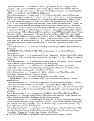 Distrito Representativo 7.—El municipio de Toa Alta, y los barrios Nuevo, Guaraguao Arriba,
Guaraguao Abajo, Dajaos, Santa Olaya, Buena Vista y la parte del sector censal 311.03 del barrio
Pájaros; la sección del sector censal 313 del barrio Cerro Gordo y los sectores censales 317.02, 317.03
y 317.04 correspondientes al barrio Minillas de Bayamón.
Distrito Representativo 8.—El sector censal 317.01, el cual es parte de los barrios Minillas y Juan
Sánchez; los sectores censales 316.12, 316.32, 316.11, 316.21, 316.31, 316.22, 316.41, los cuales son
parte del barrio Minillas; el sector censal 304, el cual es parte del barrio Bayamón Pueblo (el bloque
103 de este sector censal pertenece al barrio Juan Sánchez); los sectores censales 314.03, 314.01,
314.02, 315.01, los cuales son parte del barrio Cerro Gordo; los sectores censales 315.02 y 315.03, los
cuales son parte de los barrios Cerro Gordo y Pueblo de Bayamón; el sector censal 307, parte de los
barrios Bayamón Pueblo y Pájaros; sector censal 308, parte de los barrios Bayamón Pueblo y Pájaros;
el sector censal 309.03, parte del barrio Pájaros; los sectores censales 312.03, 312.02, 311.01, 309.04,
los cuales son parte del barrio Pájaros de Bayamón; el sector censal 312.01, parte de los barrios Pájaros
y Bayamón Pueblo; el sector censal 311.02, parte de los barrios Pájaros y Hato Tejas (se incluyó la
población del barrio Pájaros); el sector censal 310.03, se incluyó la población dentro del barrio Pájaros.
Distrito Representativo 9.—El municipio de Cataño y el barrio Juan Sánchez (menos el bloque 103 del
sector censal 304); los sectores censales 302, 303 y 305 del barrio Bayamón Pueblo, la parte del sector
censal 306 que pertenece al barrio Bayamón Pueblo; el barrio Hato Tejas (menos el sector censal
310.02).
Distrito Representativo 10.—El municipio de Toa Baja y el sector censal 310.02 del barrio Hato Tejas
de Bayamón.
III. DISTRITO SENATORIAL DE ARECIBO estará compuesto de los siguientes Distritos
Representativos:
Distrito Representativo 11.—Los municipios de Dorado y Vega Alta, y los barrios Puerto Nuevo, Cabo
Caribe, Cibuco, Ceiba, Almirante Norte, Almirante Sur, Río Arriba, Vega Baja Pueblo y Río Abajo de
Vega Baja.
Distrito Representativo 12.—Los municipios de Manatí y Morovis, y los barrios Yeguada, Algarrobo,
Pugnado Afuera, Pugnado Adentro y Quebrada Arenas de Vega Baja.
Distrito Representativo 13.—Los municipios de Ciales, Florida y Barceloneta, y los barrios
Cambalache, Islote, Factor, Garrochales, Santana, Domingo Ruiz, Arenalejos, Miraflores, Sabana
Hoyos, Arrozal, Carreras, Río Arriba y Hato Viejo de Arecibo.
Distrito Representativo 14.—El municipio de Hatillo y los barrios Hato Abajo, Hato Arriba,
Dominguito, Esperanza, Tanamá y Pueblo de Arecibo.
Distrito Representativo 15.—Los municipios de Isabela, Quebradillas y Camuy.
IV. DISTRITO SENATORIAL DE MAYAGÜEZ estará compuesto de los siguientes Distritos
Representativos:
Distrito Representativo 16.—El municipio de Aguadilla y los siguientes barrios de Moca: Aceitunas,
Centro, Rocha, Cuchilla, Pueblo, Capá, Voladoras, Cruz, Naranjo, Marías y Moca Pueblo.
Distrito Representativo 17.—Los municipios de Aguada, Rincón y Añasco, y los barrios Cerro Gordo y
Plata de Moca, más los barrios Sabanetas, Río Cañas Abajo, Quemado y Leguísamo del municipio de
Mayagüez.
Distrito Representativo 18.—Los barrios urbanos Candelaria, Cárcel, Marina Meridional, Marina
Septentrional, Río y Salud; los barrios Miradero, Mayagüez Arriba, Quebrada Grande, Sábalos, Juan
Alonso, Algarrobo, Guanajibo y Río Hondo del municipio de Mayagüez.
Distrito Representativo 19.—Los municipios de San Sebastián, Las Marías, Hormigueros y Maricao; y
los barrios Río Cañas Arriba, Bateyes, Naranjales, Montoso, Limón, Rosario y Malezas de Mayagüez;
y los barrios Rosario Bajo, Duey Bajo, Duey Alto, Hoconuco Bajo, Hoconuco Alto, Rosario Alto y
Rosario Peñón del municipio de San Germán.
Distrito Representativo 20.—Los municipios de Cabo Rojo y Lajas; y los barrios San Germán Pueblo,
Caín Alto, Caín Bajo, Guamá, Minillas, Retiro, Ancones, Maresúa, Sabana Grande Abajo, Sabana
Eneas, Cotuí y Tuna de San Germán; la Isla de Mona e Islote Monito.
V. DISTRITO SENATORIAL DE PONCE estará compuesto de los siguientes Distritos
 