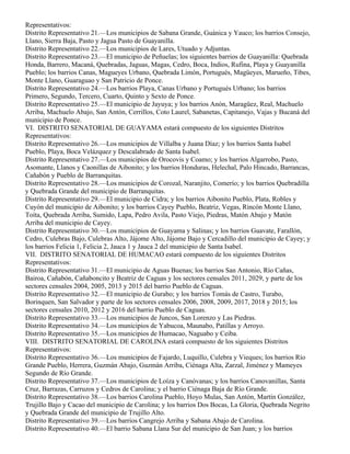 Representativos:
Distrito Representativo 21.—Los municipios de Sabana Grande, Guánica y Yauco; los barrios Consejo,
Llano, Sierra Baja, Pasto y Jagua Pasto de Guayanilla.
Distrito Representativo 22.—Los municipios de Lares, Utuado y Adjuntas.
Distrito Representativo 23.—El municipio de Peñuelas; los siguientes barrios de Guayanilla: Quebrada
Honda, Barrero, Macaná, Quebradas, Jaguas, Magas, Cedro, Boca, Indios, Rufina, Playa y Guayanilla
Pueblo; los barrios Canas, Magueyes Urbano, Quebrada Limón, Portugués, Magüeyes, Marueño, Tibes,
Monte Llano, Guaraguao y San Patricio de Ponce.
Distrito Representativo 24.—Los barrios Playa, Canas Urbano y Portugués Urbano; los barrios
Primero, Segundo, Tercero, Cuarto, Quinto y Sexto de Ponce.
Distrito Representativo 25.—El municipio de Jayuya; y los barrios Anón, Maragüez, Real, Machuelo
Arriba, Machuelo Abajo, San Antón, Cerrillos, Coto Laurel, Sabanetas, Capitanejo, Vajas y Bucaná del
municipio de Ponce.
VI. DISTRITO SENATORIAL DE GUAYAMA estará compuesto de los siguientes Distritos
Representativos:
Distrito Representativo 26.—Los municipios de Villalba y Juana Díaz; y los barrios Santa Isabel
Pueblo, Playa, Boca Velázquez y Descalabrado de Santa Isabel.
Distrito Representativo 27.—Los municipios de Orocovis y Coamo; y los barrios Algarrobo, Pasto,
Asomante, Llanos y Caonillas de Aibonito; y los barrios Honduras, Helechal, Palo Hincado, Barrancas,
Cañabón y Pueblo de Barranquitas.
Distrito Representativo 28.—Los municipios de Corozal, Naranjito, Comerío; y los barrios Quebradilla
y Quebrada Grande del municipio de Barranquitas.
Distrito Representativo 29.—El municipio de Cidra; y los barrios Aibonito Pueblo, Plata, Robles y
Cuyón del municipio de Aibonito; y los barrios Cayey Pueblo, Beatriz, Vegas, Rincón Monte Llano,
Toíta, Quebrada Arriba, Sumido, Lapa, Pedro Avila, Pasto Viejo, Piedras, Matón Abajo y Matón
Arriba del municipio de Cayey.
Distrito Representativo 30.—Los municipios de Guayama y Salinas; y los barrios Guavate, Farallón,
Cedro, Culebras Bajo, Culebras Alto, Jájome Alto, Jájome Bajo y Cercadillo del municipio de Cayey; y
los barrios Felicia 1, Felicia 2, Jauca 1 y Jauca 2 del municipio de Santa Isabel.
VII. DISTRITO SENATORIAL DE HUMACAO estará compuesto de los siguientes Distritos
Representativos:
Distrito Representativo 31.—El municipio de Aguas Buenas; los barrios San Antonio, Río Cañas,
Bairoa, Cañabón, Cañaboncito y Beatriz de Caguas y los sectores censales 2011, 2029, y parte de los
sectores censales 2004, 2005, 2013 y 2015 del barrio Pueblo de Caguas.
Distrito Representativo 32.—El municipio de Gurabo; y los barrios Tomás de Castro, Turabo,
Borinquen, San Salvador y parte de los sectores censales 2006, 2008, 2009, 2017, 2018 y 2015; los
sectores censales 2010, 2012 y 2016 del barrio Pueblo de Caguas.
Distrito Representativo 33.—Los municipios de Juncos, San Lorenzo y Las Piedras.
Distrito Representativo 34.—Los municipios de Yabucoa, Maunabo, Patillas y Arroyo.
Distrito Representativo 35.—Los municipios de Humacao, Naguabo y Ceiba.
VIII. DISTRITO SENATORIAL DE CAROLINA estará compuesto de los siguientes Distritos
Representativos:
Distrito Representativo 36.—Los municipios de Fajardo, Luquillo, Culebra y Vieques; los barrios Río
Grande Pueblo, Herrera, Guzmán Abajo, Guzmán Arriba, Ciénaga Alta, Zarzal, Jiménez y Mameyes
Segundo de Río Grande.
Distrito Representativo 37.—Los municipios de Loíza y Canóvanas; y los barrios Canovanillas, Santa
Cruz, Barrazas, Carruzos y Cedros de Carolina; y el barrio Ciénaga Baja de Río Grande.
Distrito Representativo 38.—Los barrios Carolina Pueblo, Hoyo Mulas, San Antón, Martín González,
Trujillo Bajo y Cacao del municipio de Carolina; y los barrios Dos Bocas, La Gloria, Quebrada Negrito
y Quebrada Grande del municipio de Trujillo Alto.
Distrito Representativo 39.—Los barrios Cangrejo Arriba y Sabana Abajo de Carolina.
Distrito Representativo 40.—El barrio Sabana Llana Sur del municipio de San Juan; y los barrios
 