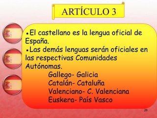 26
ARTÍCULO 3
●El castellano es la lengua oficial de
España.
●Las demás lenguas serán oficiales en
las respectivas Comunidades
Autónomas.
Gallego- Galicia
Catalán- Cataluña
Valenciano- C. Valenciana
Euskera- País Vasco
 