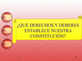 33
¿QUÉ DERECHOS Y DEBERES
ESTABLECE NUESTRA
CONSTITUCIÓN?
 
