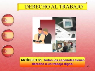 45
DERECHO AL TRABAJO
ARTÍCULO 35: Todos los españoles tienen
derecho a un trabajo digno.
 