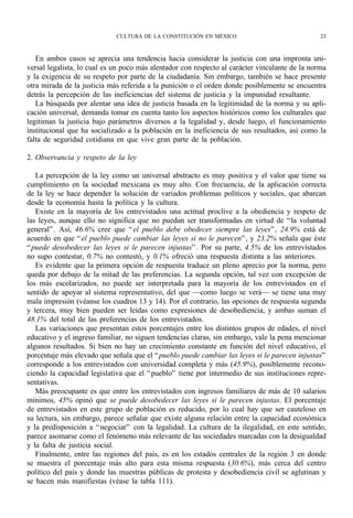 CULTURA DE LA CONSTITUCIÓN EN MÉXICO                               23



   En ambos casos se aprecia una tendencia hacia considerar la justicia con una impronta uni-
versal legalista, lo cual es un poco más alentador con respecto al carácter vinculante de la norma
y la exigencia de su respeto por parte de la ciudadanía. Sin embargo, también se hace presente
otra mirada de la justicia más referida a la punición o el orden donde posiblemente se encuentra
detrás la percepción de las ineficiencias del sistema de justicia y la impunidad resultante.
   La búsqueda por alentar una idea de justicia basada en la legitimidad de la norma y su apli-
cación universal, demanda tomar en cuenta tanto los aspectos históricos como los culturales que
legitiman la justicia bajo parámetros diversos a la legalidad y, desde luego, el funcionamiento
institucional que ha socializado a la población en la ineficiencia de sus resultados, así como la
falta de seguridad cotidiana en que vive gran parte de la población.

2. Observancia y respeto de la ley

   La percepción de la ley como un universal abstracto es muy positiva y el valor que tiene su
cumplimiento en la sociedad mexicana es muy alto. Con frecuencia, de la aplicación correcta
de la ley se hace depender la solución de variados problemas políticos y sociales, que abarcan
desde la economía hasta la política y la cultura.
   Existe en la mayoría de los entrevistados una actitud proclive a la obediencia y respeto de
las leyes, aunque ello no significa que no puedan ser transformadas en virtud de “ la voluntad
general” . Así, 46.6% cree que “ el pueblo debe obedecer siempre las leyes” , 24.9% está de
acuerdo en que “ el pueblo puede cambiar las leyes si no le parecen” , y 23.2% señala que éste
“ puede desobedecer las leyes si le parecen injustas” . Por su parte, 4.5% de los entrevistados
no supo contestar, 0.7% no contestó, y 0.1% ofreció una respuesta distinta a las anteriores.
   Es evidente que la primera opción de respuesta traduce un pleno aprecio por la norma, pero
queda por debajo de la mitad de las preferencias. La segunda opción, tal vez con excepción de
los más escolarizados, no puede ser interpretada para la mayoría de los entrevistados en el
sentido de apoyar al sistema representativo, del que —como luego se verá— se tiene una muy
mala impresión (véanse los cuadros 13 y 14). Por el contrario, las opciones de respuesta segunda
y tercera, muy bien pueden ser leídas como expresiones de desobediencia, y ambas suman el
48.1% del total de las preferencias de los entrevistados.
   Las variaciones que presentan estos porcentajes entre los distintos grupos de edades, el nivel
educativo y el ingreso familiar, no siguen tendencias claras, sin embargo, vale la pena mencionar
algunos resultados. Si bien no hay un crecimiento constante en función del nivel educativo, el
porcentaje más elevado que señala que el “ pueblo puede cambiar las leyes si le parecen injustas”
corresponde a los entrevistados con universidad completa y más (45.9%), posiblemente recono-
ciendo la capacidad legislativa que el “ pueblo” tiene por intermedio de sus instituciones repre-
sentativas.
   Más preocupante es que entre los entrevistados con ingresos familiares de más de 10 salarios
mínimos, 45% opinó que se puede desobedecer las leyes si le parecen injustas. El porcentaje
de entrevistados en este grupo de población es reducido, por lo cual hay que ser cauteloso en
su lectura, sin embargo, parece señalar que existe alguna relación entre la capacidad económica
y la predisposición a “ negociar” con la legalidad. La cultura de la ilegalidad, en este sentido,
parece asomarse como el fenómeno más relevante de las sociedades marcadas con la desigualdad
y la falta de justicia social.
   Finalmente, entre las regiones del país, es en los estados centrales de la región 3 en donde
se muestra el porcentaje más alto para esta misma respuesta (30.6%), más cerca del centro
político del país y donde las muestras públicas de protesta y desobediencia civil se aglutinan y
se hacen más manifiestas (véase la tabla 111).
 