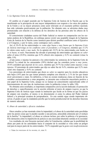 40                                    CONCHA / FIX-FIERRO / FLORES / VALADÉS



3. La Suprema Corte de Justicia

   El cambio en el papel asumido por la Suprema Corte de Justicia de la Nación que se ha
manifestado en la percepción de una mayor independencia con respecto a los otros dos poderes
de la Unión y en su mayor presencia como actor relevante en el escenario político nacional,
han sido valorados positivamente por la población. No obstante esto, se advierten dudas muy
pronunciadas con relación a la defensa de los derechos de las personas ante los abusos de la
autoridad.
   El conocimiento ciudadano acerca del Poder Judicial es menor en comparación con los res-
tantes poderes de la República, sin embargo parece existir una aceptable imagen de la Suprema
Corte de Justicia de la Nación como instancia para dirimir posibles conflictos entre el Ejecutivo
y el Congreso, y por lo tanto, como contrapeso real a ambos.
   Así, el 58.4% de los entrevistados ve como algo bueno o muy bueno que la Suprema Corte
de Justicia intervenga en los conflictos entre el presidente y el Congreso, mientras que 11.2%
lo valora como malo o muy malo. En la opinión del 19.5% de los entrevistados este hecho no
es ni bueno, ni malo. Nuevamente fue elevado el porcentaje de entrevistados que dijeron no saber
sobre el tema (10.0%), mientras que 0.5% ofreció otra respuesta y 0.3% no contestó (véase la
tabla 119).
   ¿Cuán justas o injustas les parecen a los entrevistados las sentencias de la Suprema Corte de
Justicia? La mitad de los encuestados (50%) declaró que las considera justas o muy justas,
10.4% consideró que depende de los casos, mientras que 29.7% las evaluó como injustas o muy
injustas. El porcentaje de entrevistados que dijo no saber fue de 9.4%, mientras que 0.2% men-
cionó otra respuesta y 0.4% no contestó.
   Los porcentajes de entrevistados que dicen no saber es superior para los niveles educativos
más bajos (16% para los que tienen primaria completa con relación a 2.1% de los que tienen
nivel universitario o más). En definitiva, si bien no existen tendencias claras en función de las
variables socioeconómicas a estas preguntas, se presenta una evaluación mayoritaria positiva a
este papel de la Suprema Corte, aunque no se maneje un conocimiento especializado sobre el
funcionamiento de este tipo de instituciones entre la población (véase la tabla 120).
   No obstante estos resultados, es importante compararlos con la sección dedicada a la protección
de derechos y específicamente con la sección referente al juicio de amparo (supra), ya que la
Suprema Corte de Justicia sigue siendo la institución que incide en la forma en que los juicios
de amparo son resueltos, al menos si no directamente sí como la cabeza del Poder Judicial
federal y la principal creadora de jurisprudencia. En este sentido sigue siendo importante ob-
servar, el grado en que la ciudadanía percibe que la tutela jurisdiccional de los derechos funciona
de manera adecuada.

4. Abuso de autoridad y eficacia ciudadana

   Otros estudios ya han mostrado cómo la impunidad y el abuso de la autoridad están percibidas
entre las peores cosas que le pueden suceder a una persona, antecedida solamente por el rechazo
de la familia,35 la impunidad y el abuso se colocan incluso, por sobre la pobreza o la ignorancia.
Ello demuestra cómo la impartición de justicia es una necesidad altamente sentida en la sociedad.
   Los resultados de esta Encuesta nacional sobre la Constitución, señalan que la posibilidad de
abuso por parte de las autoridades hacia el conjunto de la sociedad es vista como un peligro
real para la mayor parte de los entrevistados: 78.5% respondió que la gente está insuficientemente

     35   Véase Los mexicanos de los noventa, cit., nota 31.
 