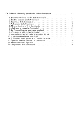 VII. Actitudes, opiniones y percepciones sobre la Constitución . . . . . . . . . . . . .                                    43

    1.   Las representaciones sociales de la Constitución . . .     .   .   .   .   .   .   .   .   .   .   .   .   .   .   43
    2.   Palabras asociadas con la Constitución . . . . . . . .     .   .   .   .   .   .   .   .   .   .   .   .   .   .   44
    3.   Significado de la Constitución . . . . . . . . . . . . .   .   .   .   .   .   .   .   .   .   .   .   .   .   .   45
    4.   Valoraciones de la Constitución . . . . . . . . . . . .    .   .   .   .   .   .   .   .   .   .   .   .   .   .   48
    5.   Mejores descriptores de la Constitución . . . . . . . .    .   .   .   .   .   .   .   .   .   .   .   .   .   .   48
    6.   ¿Qué tanto se conoce la Constitución? . . . . . . . .      .   .   .   .   .   .   .   .   .   .   .   .   .   .   51
    7.   La Constitución como un tema de actualidad . . . . .       .   .   .   .   .   .   .   .   .   .   .   .   .   .   51
    8.   ¿En dónde se habla de la Constitución? . . . . . . . .     .   .   .   .   .   .   .   .   .   .   .   .   .   .   52
    9.   Adecuación de la Constitución a la realidad del país .     .   .   .   .   .   .   .   .   .   .   .   .   .   .   52
   10.   ¿Una nueva Constitución para el país? . . . . . . . .      .   .   .   .   .   .   .   .   .   .   .   .   .   .   53
   11.   ¿Qué dejaría y qué quitaría de la Constitución actual?     .   .   .   .   .   .   .   .   .   .   .   .   .   .   53
   12.   Opiniones sobre los cambios a la Constitución . . . .      .   .   .   .   .   .   .   .   .   .   .   .   .   .   54
   13.   El ciudadano como legislador . . . . . . . . . . . . . .   .   .   .   .   .   .   .   .   .   .   .   .   .   .   55
   14.   Cumplimiento de la Constitución . . . . . . . . . . . .    .   .   .   .   .   .   .   .   .   .   .   .   .   .   56
 