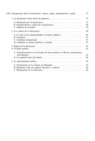 VIII. Percepciones sobre la democracia: valores, reglas, representación y poder . . . .                                        57

      1. La democracia como forma de gobierno . . . . . . . . . . . . . . . . . . . . . .                                      57
        A. Inclinación por la democracia . . . . . . . . . . . . . . . . . . . . . . . . . .                                   57
        B. Fortalecimiento y futuro de la democracia . . . . . . . . . . . . . . . . . . .                                     58
        C. Modelos de sociedad . . . . . . . . . . . . . . . . . . . . . . . . . . . . . . .                                   59
      2. Los valores de la democracia . . . . . . . . . . . . . . . . . . . . . . . . . . . .                                  60
        A.   El valor de la responsabilidad: los bienes públicos       .   .   .   .   .   .   .   .   .   .   .   .   .   .   60
        B.   Confianza . . . . . . . . . . . . . . . . . . . . . . .   .   .   .   .   .   .   .   .   .   .   .   .   .   .   61
        C.   Confianza interpersonal . . . . . . . . . . . . . . .     .   .   .   .   .   .   .   .   .   .   .   .   .   .   61
        D.   Confianza en actores políticos y sociales . . . . .       .   .   .   .   .   .   .   .   .   .   .   .   .   .   61
      3. Reglas de la democracia . . . . . . . . . . . . . . . . . . . . . . . . . . . . . .                                   63
      4. El poder político . . . . . . . . . . . . . . . . . . . . . . . . . . . . . . . . . . .                               63
        A. Transformaciones en las formas de hacer política en México: percepciones
            del liderazgo . . . . . . . . . . . . . . . . . . . . . . . . . . . . . . . . . . .                                63
        B. La tradición laica del Estado . . . . . . . . . . . . . . . . . . . . . . . . . .                                   64
      5. La representación política . . . . . . . . . . . . . . . . . . . . . . . . . . . . . .                                65
        A. Percepciones de la Cámara de Diputados . . . . . . . . . . . . . . . . . . .                                        65
        B. Relaciones entre los poderes Ejecutivo y Judicial . . . . . . . . . . . . . . .                                     66
        C. Percepciones de la reelección . . . . . . . . . . . . . . . . . . . . . . . . . .                                   66
 