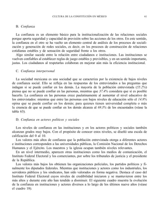CULTURA DE LA CONSTITUCIÓN EN MÉXICO                                 61



  B. Confianza

   La confianza es un elemento básico para la institucionalización de las relaciones sociales
porque aporta seguridad y capacidad de previsión sobre las acciones de los otros. En este sentido,
la confianza en el otro se ha vuelto un elemento central de análisis de los procesos de sociali-
zación y generación de redes sociales, es decir, en los procesos de construcción de relaciones
cotidianas estables y de sensación de seguridad frente a los otros.
   Algo similar sucede entre la relación entre ciudadanos e instituciones. Las instituciones se
vuelven confiables al establecer reglas de juego estables y previsibles, y en un sentido importante,
justas. Los ciudadanos al respetarlas colaboran en mejorar aún más la eficiencia institucional.

  C. Confianza interpersonal

   La sociedad mexicana es una sociedad que se caracteriza por la existencia de bajos niveles
de confianza social. Ello se refleja en las respuestas de los entrevistados a las preguntas que
indagan si se puede confiar en los demás. La mayoría de la población entrevistada (55.2%)
piensa que no se puede confiar en las personas, mientras que 37.4% considera que sí es posible
hacerlo. La confianza en las personas crece paulatinamente al aumentar el nivel educativo de
los entrevistados: mientras que entre las personas con bajos niveles de educación sólo el 14.8%
opina que se puede confiar en los demás; para quienes tienen universidad completa o más
la creencia de que se puede confiar en los demás alcanza al 69.3% de los encuestados (véase la
tabla 63).

  D. Confianza en actores políticos y sociales

   Los niveles de confianza en las instituciones y en los actores políticos y sociales también
alcanzan grados muy bajos. Con el propósito de conocer estos niveles, se diseñó una escala de
calificación del 0 al 10.
   Los valores más altos de confianza que la población entrevistada otorga a diferentes actores
e instituciones corresponden a las universidades públicas, la Comisión Nacional de los Derechos
Humanos y el Ejército. Los maestros y la iglesia ocupan también niveles relevantes.
   En un nivel intermedio, aparecen otras instituciones como los medios de comunicación, el
Instituto Federal Electoral y los comerciantes, por sobre los tribunales de justicia y el presidente
de la República.
   Los valores más bajos los obtienen las organizaciones policiales, los partidos políticos y fi-
nalmente los diputados federales. Mientras que instituciones y actores como los industriales, los
servidores públicos y los sindicatos, han sido valorados en forma negativa. Destaca el caso del
Instituto Federal Electoral cuyos niveles de credibilidad iniciaron y se mantuvieron entre los
más altos y durante este año han tendido a disminuir. El siguiente cuadro muestra la evolución
de la confianza en instituciones y actores diversos a lo largo de los últimos nueve años (véase
el cuadro 18).
 