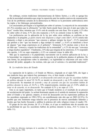 64                               CONCHA / FIX-FIERRO / FLORES / VALADÉS



   Sin embargo, existen tradiciones latinoamericanas de líderes fuertes, y a ello se agrega hoy
en día la necesidad carismática que exige la exposición ante los medios masivos de comunicación.
Uno de los problemas actuales de la democracia en México es la persistente ambivalencia entre
las reglas y los liderazgos personalizados.
   Los encuestados privilegian a la legalidad por sobre el carisma. La mayoría de los encuestados
(61.3%) considera que la afirmación “ un líder fuerte puede hacer más por el país que todas las
leyes” resulta falsa, mientras que 31.6% está de acuerdo con esta frase. Por su parte, 6.2% dice
no saber sobre el tema, 0.7% dio otra respuesta y 0.2% no contestó (véase la tabla 59).
   Las preferencias por la aplicación de la ley por sobre otros atributos se confirma en las
respuestas a la pregunta ¿a quién estaría más dispuesto a elegir como líder?, 43.3% estaría más
dispuesto a elegir a una persona “ que conozca y aplique siempre las leyes” , 22.2% mencionó
que prefiere a uno “ que sea honesto y diga siempre la verdad” , y 16.4% se manifestó a favor
de alguien “ que tenga experiencia en el gobierno” . Solamente 9.2% declara estar a favor de
un líder que “ conozca y respete las tradiciones de la comunidad” y 4.2% de uno que “ convenza
y tenga muchos seguidores” . Finalmente, 2.8% dijo que ninguna de las anteriores, 0.1% respondió
otra opción, 1.4% no supo responder y 0.3% no contestó (véase la tabla 60).
   Más que la experiencia o la popularidad, nuevamente son la estricta aplicación de la ley y
la honestidad, las exigencias centrales que la mayoría de la población plantea al gobierno. De
esta forma, las percepciones sobre la autoridad y su legitimidad se relacionan con una visión
racional del poder, apegada a las normas, más que con el carisma o la autoridad tradicional.43

     B. La tradición laica del Estado

   La separación de la iglesia y el Estado en México, originada en el siglo XIX, dio lugar a
una tradición laica que todavía hoy permanece viva, si bien tiende a disminuir.
   Al preguntar ¿Qué tan de acuerdo o en desacuerdo está usted con que los sacerdotes hablen
de política durante la misa? El 54.3% se mostró en desacuerdo y un 8.5% señaló estar muy
en desacuerdo. Se muestran de acuerdo y muy de acuerdo con que los sacerdotes hablen de
política durante la misa, el 16.1% y 3.9% respectivamente, mientras que el 15.6% señaló no
estar ni de acuerdo, ni en desacuerdo. No contestó 0.2% y no supo el 1.3%.
   Este es un signo importante, en tanto que el Estado moderno es el resultado de un proceso
de secularización del poder. La actitud dominante apunta en el sentido de mantener la separación
entre el Estado y las iglesias; empero, el nivel de desacuerdo con las expresiones políticas de
los sacerdotes expresado en 1994 (76%), era sensiblemente más alto que en 2003 (62.8%). Es
posible que este fenómeno tenga relación con la presencia de nuevas autoridades federales y
locales que han hecho frecuente y pública la práctica del culto religioso (véase el cuadro 19).
   El grupo de los más jóvenes, de 15 a 19 años, es el que se manifiesta más de acuerdo con
la posibilidad de que los sacerdotes hablen de política durante la misa, 26.6 % (véase la
tabla 11).




  43 Sobre las diferentes tipologías de la autoridad, cfr. Weber, Max, Economía y sociedad, México, Fondo de
Cultura Económica, 1984.
 