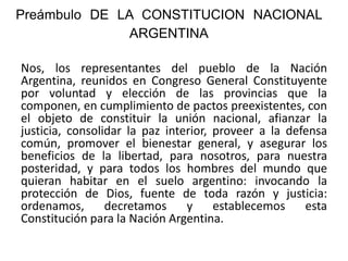 Preámbulo DE LA CONSTITUCION NACIONAL
ARGENTINA
Nos, los representantes del pueblo de la Nación
Argentina, reunidos en Congreso General Constituyente
por voluntad y elección de las provincias que la
componen, en cumplimiento de pactos preexistentes, con
el objeto de constituir la unión nacional, afianzar la
justicia, consolidar la paz interior, proveer a la defensa
común, promover el bienestar general, y asegurar los
beneficios de la libertad, para nosotros, para nuestra
posteridad, y para todos los hombres del mundo que
quieran habitar en el suelo argentino: invocando la
protección de Dios, fuente de toda razón y justicia:
ordenamos, decretamos y establecemos esta
Constitución para la Nación Argentina.
 