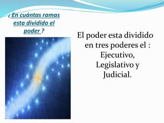 ¿ En cuántas ramas
esta dividido el
poder ?
El poder esta dividido
en tres poderes el :
Ejecutivo,
Legislativo y
Judicial.
 