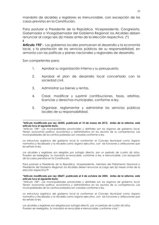55
mandato de alcaldes y regidores es irrenunciable, con excepción de los
casos previstos en la Constitución.
Para postular a Presidente de la República, Vicepresidente, Congresista,
Gobernador o Vicegobernador del Gobierno Regional; los Alcaldes deben
renunciar al cargo seis (6) meses antes de la elección respectiva. (*)
‡
Artículo 195°.- Los gobiernos locales promueven el desarrollo y la economía
local, y la prestación de los servicios públicos de su responsabilidad, en
armonía con las políticas y planes nacionales y regionales de desarrollo.
Son competentes para:
1. Aprobar su organización interna y su presupuesto.
2. Aprobar el plan de desarrollo local concertado con la
sociedad civil.
3. Administrar sus bienes y rentas.
4. Crear, modificar y suprimir contribuciones, tasas, arbitrios,
licencias y derechos municipales, conforme a ley.
5. Organizar, reglamentar y administrar los servicios públicos
locales de su responsabilidad.
*Artículo modificado por Ley 30305, publicada el 10 de marzo de 2015. Antes de la reforma, este
artículo tuvo el siguiente texto:
“Artículo 194°.- Las municipalidades provinciales y distritales son los órganos de gobierno local.
Tienen autonomía política, económica y administrativa en los asuntos de su competencia. Las
municipalidades de los centros poblados son creadas conforme a ley.
La estructura orgánica del gobierno local la conforman el Concejo Municipal como órgano
normativo y fiscalizador y la Alcaldía como órgano ejecutivo, con las funciones y atribuciones que
les señala la ley.
Los alcaldes y regidores son elegidos por sufragio directo, por un período de cuatro (4) años.
Pueden ser reelegidos. Su mandato es revocable, conforme a ley, e irrenunciable, con excepción
de los casos previstos en la Constitución.
Para postular a Presidente de la República, Vicepresidente, miembro del Parlamento Nacional o
Presidente del Gobierno Regional; los Alcaldes deben renunciar al cargo seis (6) meses antes de la
elección respectiva.(*)
*Artículo modificado por Ley 28607, publicada el 4 de octubre de 2005. Antes de la reforma, este
artículo tuvo el siguiente texto:
“Artículo 194°.- Las municipalidades provinciales y distritales son los órganos de gobierno local.
Tienen autonomía política, económica y administrativa en los asuntos de su competencia. Las
municipalidades de los centros poblados son creadas conforme a ley.
La estructura orgánica del gobierno local la conforman el Concejo Municipal como órgano
normativo y fiscalizador y la Alcaldía como órgano ejecutivo, con las funciones y atribuciones que
les señala la ley.
Los alcaldes y regidores son elegidos por sufragio directo, por un período de cuatro (4) años.
Pueden ser reelegidos. Su mandato es revocable e irrenunciable, conforme a ley”.
 