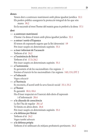 ÍN DE x ANALÍTIC DE LA CONSTITUCI ó                        D

dones
   Tenen dret a contreure matrimoni amb plena igualtat jurídica 32.1
   Els poders públics asseguren la protecció integral de les que són
       mares 39.2
   En la successió al tron l’home del mateix grau és preferit a la dona 57.1
dret
— a contreure matrimoni
   L’home i la dona el tenen amb plena igualtat jurídica 32.1
— a entrar i sortir d’Espanya
   El tenen els espanyols segons que la llei determini 19
   Pot ésser suspès en determinats supòsits 55.1
— a ésser informat de l’acusació
   Tothom el té 24.2
— a l’assistència de lletrat
   Tothom el té 17.3; 24.2
   Pot ésser suspès en determinats supòsits 55.1
— a l’autonomia
   Es garanteix el de les nacionalitats i les regions 2
   Formes d’exercir-lo les nacionalitats i les regions 143; 151; DT 2
— a l’educació
   Vegeu educació
— a l’herència
  Es reconeix, d’acord amb la seva funció social 33.1; 33.2
— a l’honor
  És garantit 18.1; 18.4
  Ha d’ésser respectat en l’exercici dels drets d’expressió
      i d’informació 20.4
— a la clàusula de consciència
  La llei l’ha de regular 20.1.d
  Té límits en altres drets 20.4
  Pot ésser suspès en determinats supòsits 55.1
— a la defensa per lletrat
  Tothom el té 24.2
   Vegeu també advocats
— a la defensa pròpia
  Tothom el té utilitzant els mitjans probatoris pertinents 24.2

                                                                               101
 