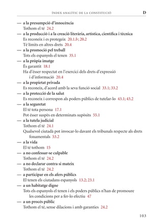 ÍN DE x ANALÍTIC DE LA CONSTITUCI ó                      D

— a la presumpció d’innocència
  Tothom el té 24.2
— a la producció i a la creació literària, artística, científica i tècnica
  Es reconeix i es protegeix 20.1.b ; 20.2
  Té límits en altres drets 20.4
— a la promoció pel treball
  Tots els espanyols el tenen 35.1
— a la pròpia imatge
  És garantit 18.1
  Ha d’ésser respectat en l’exercici dels drets d’expressió
      i d’informació 20.4
— a la propietat privada
  Es reconeix, d’acord amb la seva funció social 33.1; 33.2
— a la protecció de la salut
  Es reconeix i correspon als poders públics de tutelar-lo 43.1; 43.2
— a la seguretat
  El té tota persona 17.1
  Pot ésser suspès en determinats supòsits 55.1
— a la tutela judicial
  Tothom el té 24.1
  qualsevol ciutadà pot invocar-lo davant els tribunals respecte als drets
      fonamentals 53.2
— a la vida
  El té tothom 15
— a no confessar-se culpable
  Tothom el té 24.2
— a no declarar contra si mateix
  Tothom el té 24.2
— a participar en els afers públics
  El tenen els ciutadans espanyols 13.2; 23.1
— a un habitatge digne
  Tots els espanyols el tenen i els poders públics n’han de promoure
      les condicions per a fer-lo efectiu 47
— a un procés públic
  Tothom el té, sense dilacions i amb garanties 24.2

                                                                        103
 