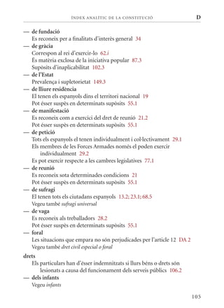 ÍN DE x ANALÍTIC DE LA CONSTITUCI ó                D

— de fundació
  Es reconeix per a finalitats d’interès general 34
— de gràcia
  Correspon al rei d’exercir-lo 62.i
  És matèria exclosa de la iniciativa popular 87.3
  Supòsits d’inaplicabilitat 102.3
— de l’Estat
  Prevalença i supletorietat 149.3
— de lliure residència
  El tenen els espanyols dins el territori nacional 19
  Pot ésser suspès en determinats supòsits 55.1
— de manifestació
  Es reconeix com a exercici del dret de reunió 21.2
  Pot ésser suspès en determinats supòsits 55.1
— de petició
  Tots els espanyols el tenen individualment i col·lectivament 29.1
  Els membres de les Forces Armades només el poden exercir
      individualment 29.2
  Es pot exercir respecte a les cambres legislatives 77.1
— de reunió
  Es reconeix sota determinades condicions 21
  Pot ésser suspès en determinats supòsits 55.1
— de sufragi
  El tenen tots els ciutadans espanyols 13.2; 23.1; 68.5
   Vegeu també sufragi universal
— de vaga
  Es reconeix als treballadors 28.2
  Pot ésser suspès en determinats supòsits 55.1
— foral
  Les situacions que empara no són perjudicades per l’article 12 DA 2
   Vegeu també dret civil especial o foral
drets
   Els particulars han d’ésser indemnitzats si llurs béns o drets són
       lesionats a causa del funcionament dels serveis públics 106.2
— dels infants
   Vegeu infants

                                                                        105
 