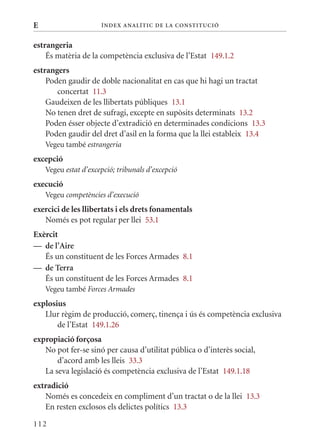E                     Í nDE x anal ÍTIC DE la Cons TIT u CIó


estrangeria
    És matèria de la competència exclusiva de l’Estat 149.1.2
estrangers
    Poden gaudir de doble nacionalitat en cas que hi hagi un tractat
       concertat 11.3
    Gaudeixen de les llibertats públiques 13.1
    No tenen dret de sufragi, excepte en supòsits determinats 13.2
    Poden ésser objecte d’extradició en determinades condicions 13.3
    Poden gaudir del dret d’asil en la forma que la llei estableix 13.4
    Vegeu també estrangeria
excepció
    Vegeu estat d’excepció; tribunals d’excepció
execució
    Vegeu competències d’execució
exercici de les llibertats i els drets fonamentals
   Només es pot regular per llei 53.1
Exèrcit
— de l’aire
   És un constituent de les Forces Armades 8.1
— de Terra
   És un constituent de les Forces Armades 8.1
    Vegeu també Forces Armades
explosius
   Llur règim de producció, comerç, tinença i ús és competència exclusiva
       de l’Estat 149.1.26
expropiació forçosa
   No pot fer-se sinó per causa d’utilitat pública o d’interès social,
       d’acord amb les lleis 33.3
   La seva legislació és competència exclusiva de l’Estat 149.1.18
extradició
   Només es concedeix en compliment d’un tractat o de la llei 13.3
   En resten exclosos els delictes polítics 13.3

112
 