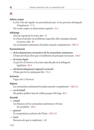 H                     Í nDE x anal ÍTIC DE la Cons TIT u CIó



H
habeas corpus
   La llei n’ha de regular un procediment per a tota persona detinguda
       il·legalment 17.4
   Pot restar suspès en determinats supòsits 55.1
habitatge
   Tots els espanyols hi tenen dret 47
   Se n’han d’atendre els problemes específics dels ciutadans durant
       la tercera edat 50
   Les comunitats autònomes hi poden assumir competències 148.1.3
harmonització
— de les disposicions normatives de les comunitats autònomes
   L’Estat pot dictar lleis que n’estableixin els principis necessaris 150.3
— de textos legals
   La pot fer el Govern si ha estat especificada en la delegació
       legislativa 82.5
— del desenvolupament regional i sectorial
   L’Estat pot fer-la mitjançant llei 131.1
herència
    Vegeu dret a l’herència
higiene
   Les comunitats autònomes hi poden assumir competències 148.1.21
— en el treball
   Els poders públics han de vetllar perquè n’hi hagi 40.2
hisenda
— estatal
   Les finances de les comunitats autònomes s’hi han
       de coordinar 156.1
— general
   És competència exclusiva de l’Estat 149.1.14
— local
   Recursos de què es nodreixen 142

120
 