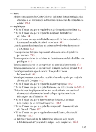 ÍN DE x ANALÍTIC DE LA CONSTITUCI ó                         L

— marc
  mitjançant aquestes les Corts Generals delimiten la facultat legislativa
      atribuïda a les comunitats autònomes en matèries de competència
      estatal 150.1
— orgàniques
  N’hi ha d’haver una per a regular bases de l’organització militar 8.2
  N’hi ha d’haver una per a regular la institució del Defensor
      del Poble 54
  N’hi pot haver una que estableixi la suspensió de determinats drets
      fonamentals en relació amb el terrorisme 55.2
  Una d’aquestes ha de resoldre els dubtes sobre l’ordre de successió
      a la Corona 57.5
  No en pot ésser delegada l’aprovació a les comissions legislatives
      permanents 75.3
  Tenen aquest caràcter les relatives als drets fonamentals i a les llibertats
      públiques 81.1
  Tenen aquest caràcter les que aproven els estatuts d’autonomia 81.1
  Tenen aquest caràcter les que aproven el règim electoral general 81.1
  Només poden tenir aquest caràcter les que determina
      la Constitució 81.1
  Només poden ésser aprovades, modificades o derogades per majoria
      absoluta del Congrés 81.2
  N’hi ha d’haver una per a regular la iniciativa popular 87.3
  N’hi ha d’haver una per a regular les formes de referèndum 92.3; 151.1
  Els tractats que impliquen atribució a una instància internacional
      de competències constitucionals cal que siguin autoritzats
      mitjançant una d’aquestes 93
  N’hi ha d’haver una per a determinar les funcions, l’actuació
      i els estatuts de les forces de seguretat 104.2
  N’hi ha d’haver una per a regular la composició i la competència
      del Consell d’Estat 107
  N’hi ha d’haver una per a regular els estats d’alarma, d’excepció
      i de setge 116.1
  La del poder judicial ha de determinar el règim dels jutjats
      i dels tribunals i l’estatut dels jutges i dels magistrats 122.1

                                                                           133
 