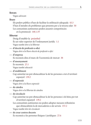 ÍN DE x ANALÍTIC DE LA CONSTITUCI ó                    L

lletrats
   Vegeu advocats
lleure
    Els poders públics n’han de facilitar la utilització adequada 43.3
    S’han d’atendre els problemes que presenta per a la tercera edat 50
    Les comunitats autònomes poden assumir competències
        en la promoció 148.1.19
llibertat
    Desig d’establir-la preàmbul
    És un valor superior de l’ordenament jurídic 1.1
   Vegeu també dret a la llibertat
— d’elecció de professió o ofici
   Vegeu dret a la lliure elecció de professió o ofici
— d’empresa
  Es reconeix dins el marc de l’economia de mercat 38
— d’ensenyament
  Es reconeix 27.1
   Vegeu també educació
— d’establiment
  Cap autoritat no pot obstaculitzar la de les persones a tot el territori
      espanyol 139.2
— d’expressió
   Vegeu dret a la lliure expressió
— de càtedra
   Vegeu dret a la llibertat de càtedra
— de circulació
  Cap autoritat no pot obstaculitzar la de les persones i els béns per tot
      el territori espanyol 139.2
  Les comunitats autònomes no poden adoptar mesures tributàries
      que obstaculitzin la de mercaderies o de serveis 157.2
   Vegeu també dret de circulació
— de crear centres docents
  Es reconeix a les persones físiques i jurídiques 27.6

                                                                             135
 