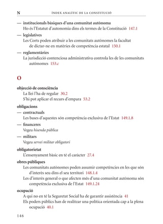 N                     Í nDE x anal ÍTIC DE la Cons TIT u CIó


— institucionals bàsiques d’una comunitat autònoma
  Ho és l’Estatut d’autonomia dins els termes de la Constitució 147.1
— legislatives
  Les Corts poden atribuir a les comunitats autònomes la facultat
      de dictar-ne en matèries de competència estatal 150.1
— reglamentàries
  La jurisdicció contenciosa administrativa controla les de les comunitats
      autònomes 153.c


O
objecció de consciència
   La llei l’ha de regular 30.2
   S’hi pot aplicar el recurs d’empara 53.2
obligacions
— contractuals
   Les bases d’aquestes són competència exclusiva de l’Estat 149.1.8
— financeres
    Vegeu hisenda pública
— militars
    Vegeu servei militar obligatori
obligatorietat
   L’ensenyament bàsic en té el caràcter 27.4
obres públiques
   Les comunitats autònomes poden assumir competències en les que són
       d’interès seu dins el seu territori 148.1.4
   Les d’interès general o que afecten més d’una comunitat autònoma són
       competència exclusiva de l’Estat 149.1.24
ocupació
   A qui no en té la Seguretat Social ha de garantir assistència 41
   Els poders públics han de realitzar una política orientada cap a la plena
       ocupació 40.1

146
 