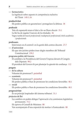 P                     Í nDE x anal ÍTIC DE la Cons TIT u CIó


— farmacèutics
  La legislació sobre aquests és competència exclusiva
      de l’Estat 149.1.16
productivitat
   Els poders públics en garanteixen i protegeixen la defensa 38
professió
   Tots els espanyols tenen el dret a fer-ne lliure elecció 35.1
   La llei ha de regular l’exercici de les titulades 36
    Vegeu també formació professional; readaptació professional; títols acadèmics
       i professionals
professors
   Intervenen en el control i en la gestió dels centres docents 27.7
— d’universitat
   Els que són juristes poden ésser elegits membres del Tribunal
       Constitucional 159.2
programa polític del Govern
   El candidat a la Presidència del Govern l’exposa davant el Congrés
       dels Diputats 99.2
   El president del Govern hi pot plantejar la qüestió de confiança 112
progrés
— de la cultura
   Voluntat de promoure’l preàmbul
— econòmic
   Voluntat de promoure’l preàmbul
   Els poders públics n’han de promoure les condicions favorables 40.1
— social
   Els poders públics n’han de promoure les condicions favorables 40.1
progressivitat
   És un principi inspirador del sistema tributari 31.1
projectes de llei
   Les cambres en poden delegar l’aprovació a les comissions legislatives
       permanents 75.2
   Els aprova el Consell de ministres 88
   Van acompanyats d’una exposició de motius i d’antecedents 88

164
 