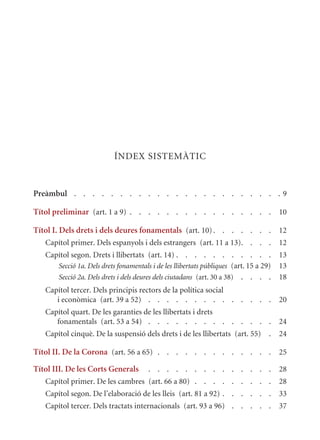 ÍNDEx SISTEmàTIC


Preàmbul . . . . . . . . . . . . . . . . . . . . . . . 9

Títol preliminar (art. 1 a 9) . . . . . . . . . . . . . . . . 10

Títol I. Dels drets i dels deures fonamentals (art. 10) . . . . . . . 12
   Capítol primer. Dels espanyols i dels estrangers (art. 11 a 13). . . .              12
   Capítol segon. Drets i llibertats (art. 14) . . . . . . . . . . .                   13
      Secció 1a. Dels drets fonamentals i de les llibertats públiques (art. 15 a 29)   13
      Secció 2a. Dels drets i dels deures dels ciutadans (art. 30 a 38) . . . .        18
   Capítol tercer. Dels principis rectors de la política social
      i econòmica (art. 39 a 52) . . . . . . . . . . . . . .                           20
   Capítol quart. De les garanties de les llibertats i drets
      fonamentals (art. 53 a 54) . . . . . . . . . . . . . .                           24
   Capítol cinquè. De la suspensió dels drets i de les llibertats (art. 55) .          24

Títol II. De la Corona (art. 56 a 65) . . . . . . . . . . . . . 25

Títol III. De les Corts Generals       . . . . . . . . . . . . . .                     28
   Capítol primer. De les cambres (art. 66 a 80) . . . . . . . . .                     28
   Capítol segon. De l’elaboració de les lleis (art. 81 a 92) . . . . . .              33
   Capítol tercer. Dels tractats internacionals (art. 93 a 96) . . . . .               37
 