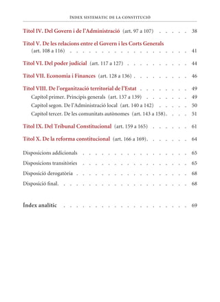 ÍnDEx sIsTEmàTIC DE la ConsTITuCIó


Títol IV. Del Govern i de l’administració (art. 97 a 107)     . . . . .   38

Títol V. De les relacions entre el Govern i les Corts Generals
   (art. 108 a 116) . . . . . . . . . . . . . . . . . . .                 41

Títol VI. Del poder judicial (art. 117 a 127) . . . . . . . . . . 44

Títol VII. Economia i Finances (art. 128 a 136) . . . . . . . . . 46

Títol VIII. De l’organització territorial de l’Estat . . . . . . . . 49
   Capítol primer. Principis generals (art. 137 a 139) . . . . . . .      49
   Capítol segon. De l’Administració local (art. 140 a 142)   . . . . .   50
   Capítol tercer. De les comunitats autònomes (art. 143 a 158). . . .    51

Títol Ix. Del Tribunal Constitucional (art. 159 a 165) . . . . . . 61

Títol x. De la reforma constitucional (art. 166 a 169). . . . . . . 64

Disposicions addicionals    . . . . . . . . . . . . . . . . .             65
Disposicions transitòries   . . . . . . . . . . . . . . . . .             65
Disposició derogatòria . . . . . . . . . . . . . . . . . .                68
Disposició final. . . . . . . . . . . . . . . . . . . . .                 68


Índex analític    . . . . . . . . . . . . . . . . . . . .                 69
 