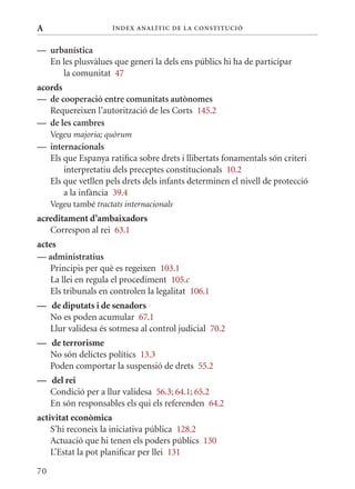 A                     Í nDE x anal ÍTIC DE la Cons TIT u CIó


— urbanística
  En les plusvàlues que generi la dels ens públics hi ha de participar
     la comunitat 47
acords
— de cooperació entre comunitats autònomes
   Requereixen l’autorització de les Corts 145.2
— de les cambres
     Vegeu majoria; quòrum
— internacionals
  Els que Espanya ratifica sobre drets i llibertats fonamentals són criteri
      interpretatiu dels preceptes constitucionals 10.2
  Els que vetllen pels drets dels infants determinen el nivell de protecció
      a la infància 39.4
     Vegeu també tractats internacionals
acreditament d’ambaixadors
   Correspon al rei 63.1
actes
— administratius
    Principis per què es regeixen 103.1
    La llei en regula el procediment 105.c
    Els tribunals en controlen la legalitat 106.1
— de diputats i de senadors
  No es poden acumular 67.1
  Llur validesa és sotmesa al control judicial 70.2
— de terrorisme
  No són delictes polítics 13.3
  Poden comportar la suspensió de drets 55.2
— del rei
  Condició per a llur validesa 56.3; 64.1; 65.2
  En són responsables els qui els referenden 64.2
activitat econòmica
    S’hi reconeix la iniciativa pública 128.2
    Actuació que hi tenen els poders públics 130
    L’Estat la pot planificar per llei 131

70
 