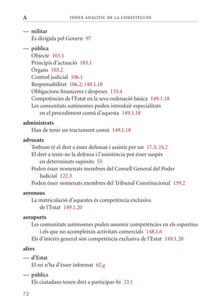 A                   Í nDE x anal ÍTIC DE la Cons TIT u CIó


— militar
  És dirigida pel Govern 97
— pública
  Objecte 103.1
  Principis d’actuació 103.1
  òrgans 103.2
  Control judicial 106.1
  Responsabilitat 106.2; 149.1.18
  Obligacions financeres i despeses 133.4
  Competències de l’Estat en la seva ordenació bàsica 149.1.18
  Les comunitats autònomes poden introduir especialitats
      en el procediment comú d’aquesta 149.1.18
administrats
   Han de tenir un tractament comú 149.1.18
advocats
   Tothom té el dret a ésser defensat i assistit per un 17.3; 24.2
   El dret a tenir-ne la defensa i l’assistència pot ésser suspès
       en determinats supòsits 55
   Poden ésser nomenats membres del Consell General del Poder
       Judicial 122.3
   Poden ésser nomenats membres del Tribunal Constitucional 159.2
aeronaus
   La matriculació d’aquestes és competència exclusiva
      de l’Estat 149.1.20
aeroports
   Les comunitats autònomes poden assumir competències en els esportius
       i els que no acompleixin activitats comercials 148.1.6
   Els d’interès general són competència exclusiva de l’Estat 149.1.20
afers
— d’Estat
  El rei n’ha d’ésser informat 62.g
— públics
  Els ciutadans tenen dret a participar-hi 23.1

72
 